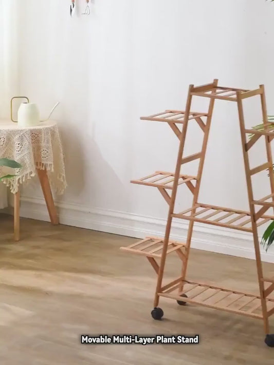 3-Tier Wooden Plant Stand with Wheels - Mobile Indoor/Outdoor Rolling Shelf for Potted Plants, Space-Saving A-Frame Design, Rustic Home Decor & Gardening Tool Organizer, Durable Wooden Construction